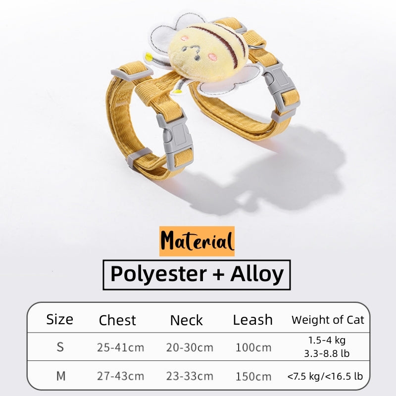 Adjustable Cartoon Bee Cat Harness Leash and Collar Set