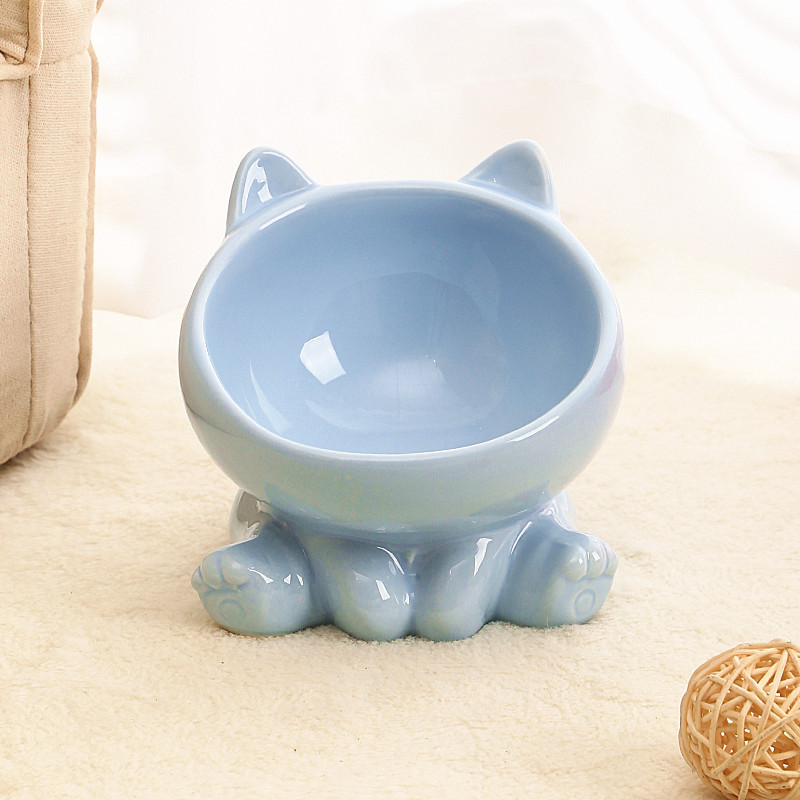 Diagonal High-Feet Ceramic Cat Bowl Exclusively Crafted to Protect Furry Friend's Cervical Spine