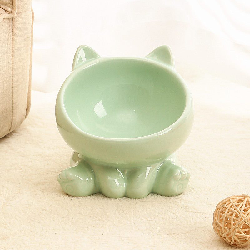 Diagonal High-Feet Ceramic Cat Bowl Exclusively Crafted to Protect Furry Friend's Cervical Spine